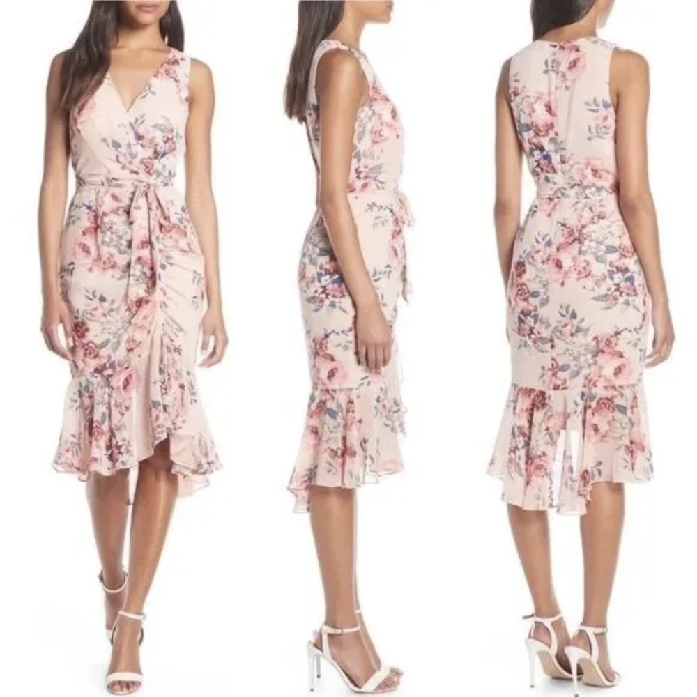 Eliza J Sleeveless Floral Ruched Chiffon Faux Wrap Midi Dress in Blush Sz. 2